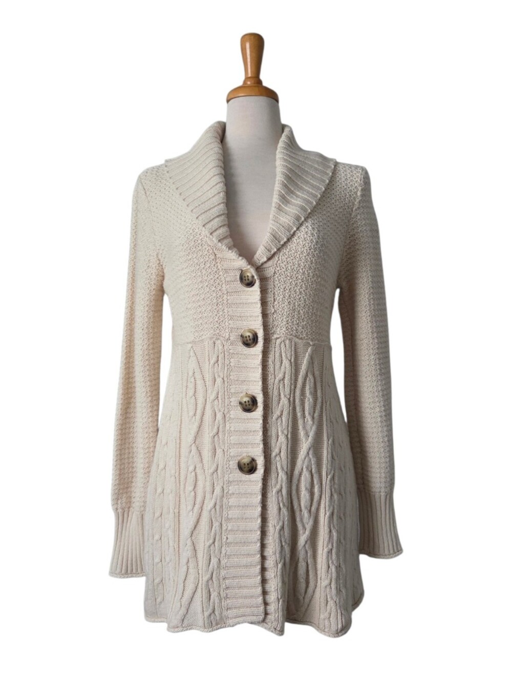 Caslon Cream Cable Knit Babydoll Cardigan Women's Size L Y2K Cottagecore